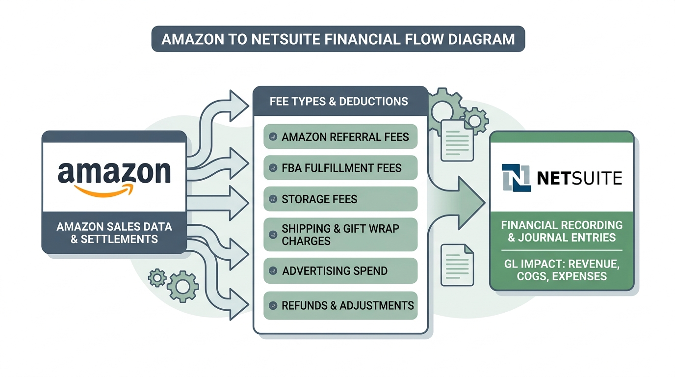 Diagram showing Amazon sales data and settlements flowing through fee types and deductions into NetSuite for financial recording and journal entries