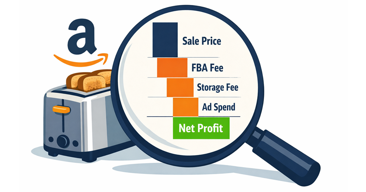 Amazon SKU profitability waterfall chart showing sale price, fees, ad spend, and net profit