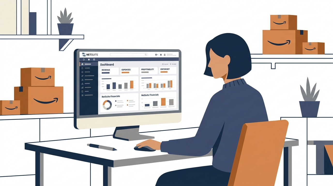 Amazon seller reviewing NetSuite financial dashboard with Amazon shipping boxes in the background