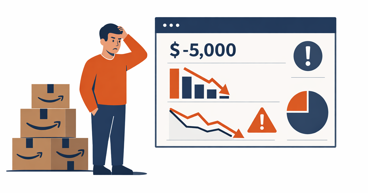 Amazon seller analyzing wrong profit data on NetSuite with shipping boxes nearby